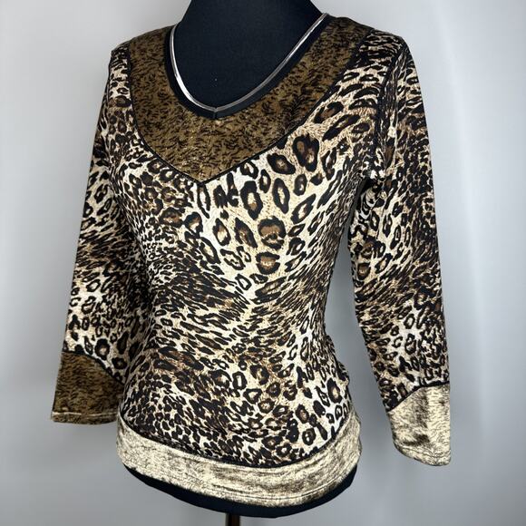 Vintage Y2K 90s Top XS Thermal Leopard Print V Neck Long Sleeve Cyber Grunge - Picture 1 of 9